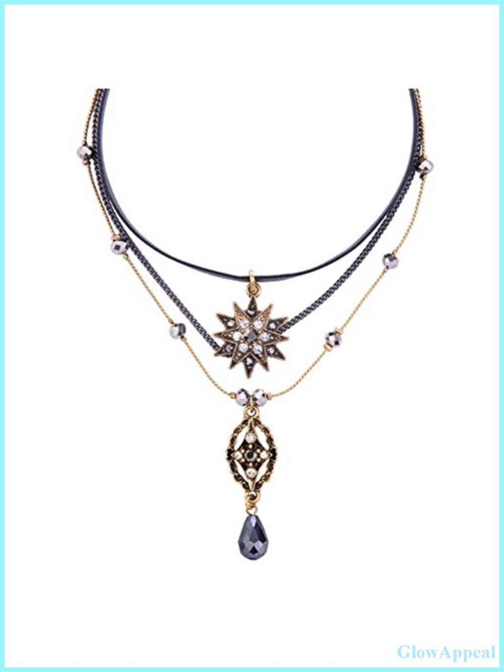 AILUOR Multilayer Star Choker Necklace Rhinestone Tassel Alloy PU Leather